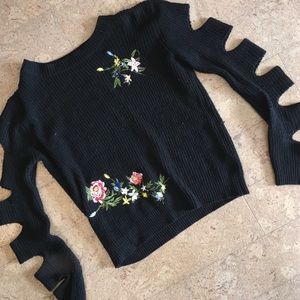 Black Cut-Out Sweater with Embroidered Flowers!🌸